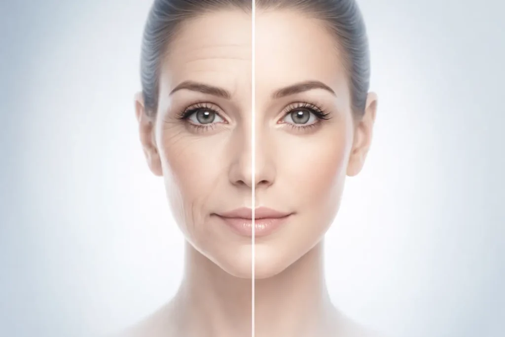 Side-by-side facial comparison showing left image with visible lines and right image with smoother-looking skin.