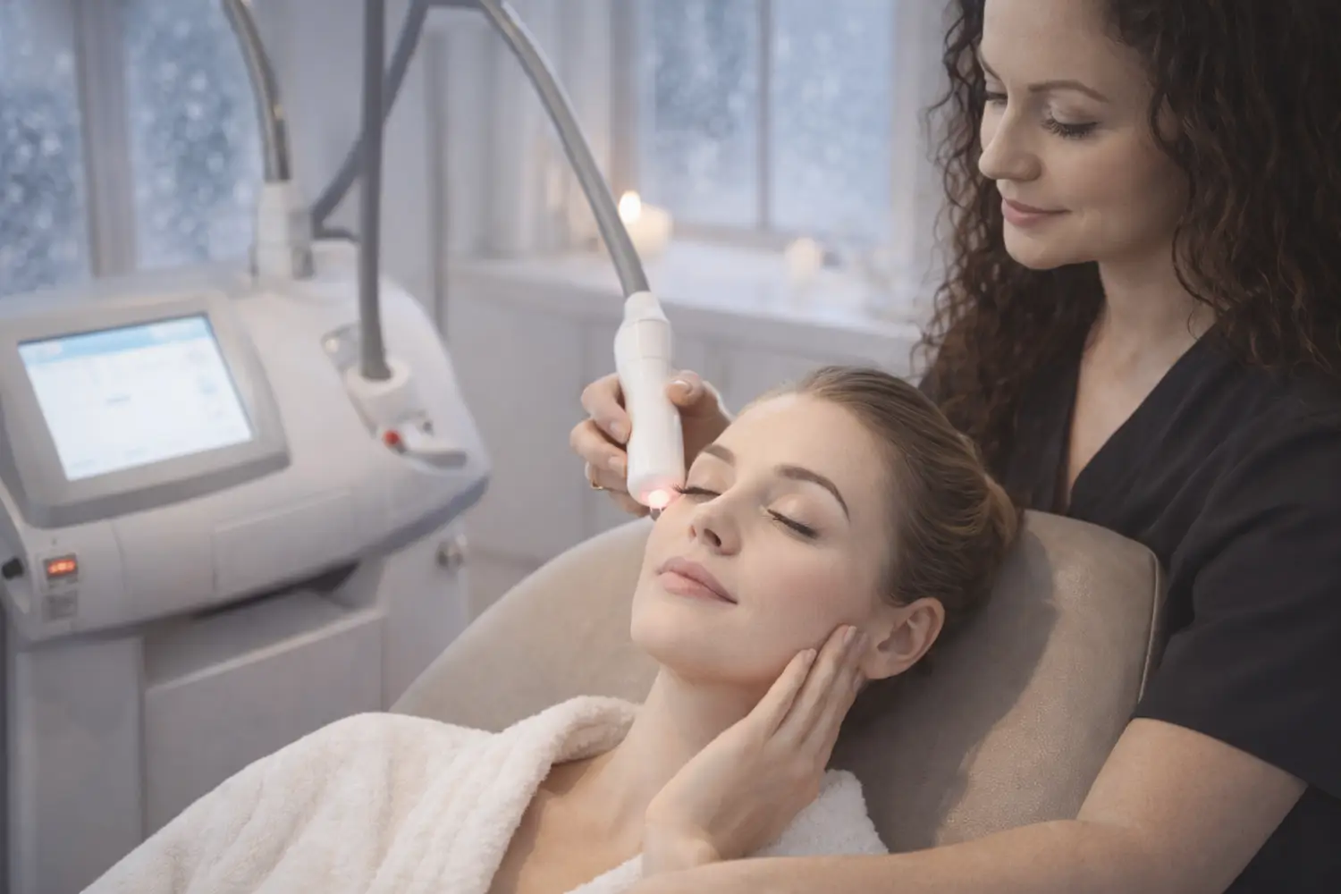 Practitioner using handheld device on woman’s face while she reclines in a treatment chair.