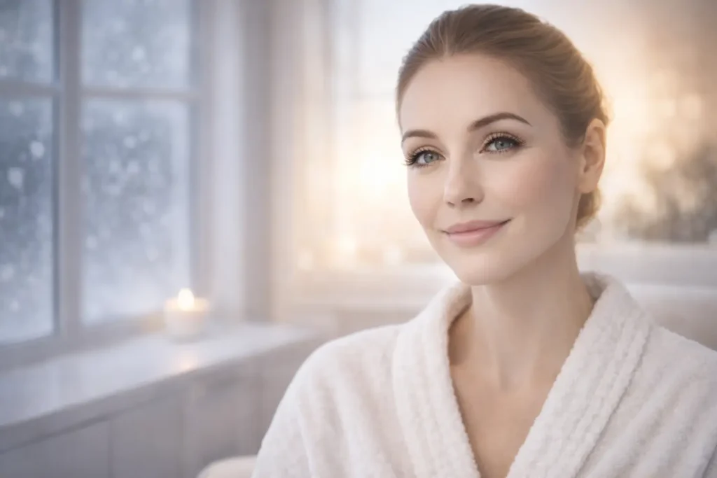 Woman in white robe sitting indoors near a window with candles in the background.