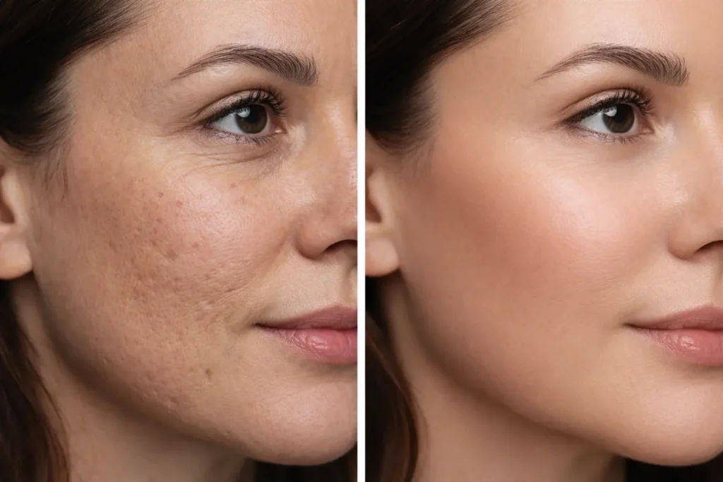 Side-by-side cheek comparison showing textured skin on the left and smoother-looking skin on the right.