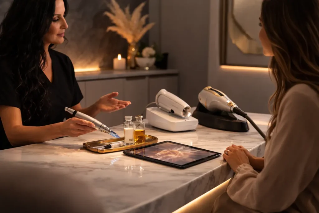Practitioner holding a pen-shaped device while speaking with a seated woman across a counter.