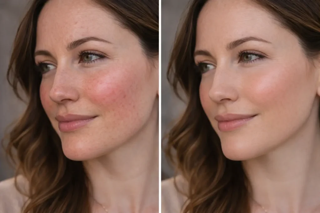 Side-by-side facial comparison showing redness and visible spots on the left and more even tone on the right.