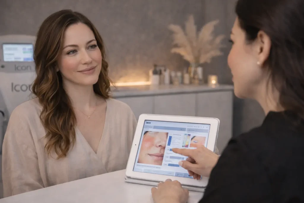 Practitioner pointing at a tablet screen while speaking with a seated woman across a counter.