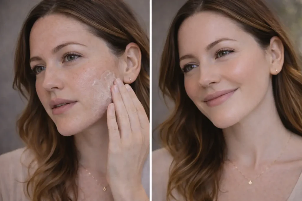 Side-by-side facial comparison showing textured skin with visible flaking on the left and smoother-looking skin on the right.