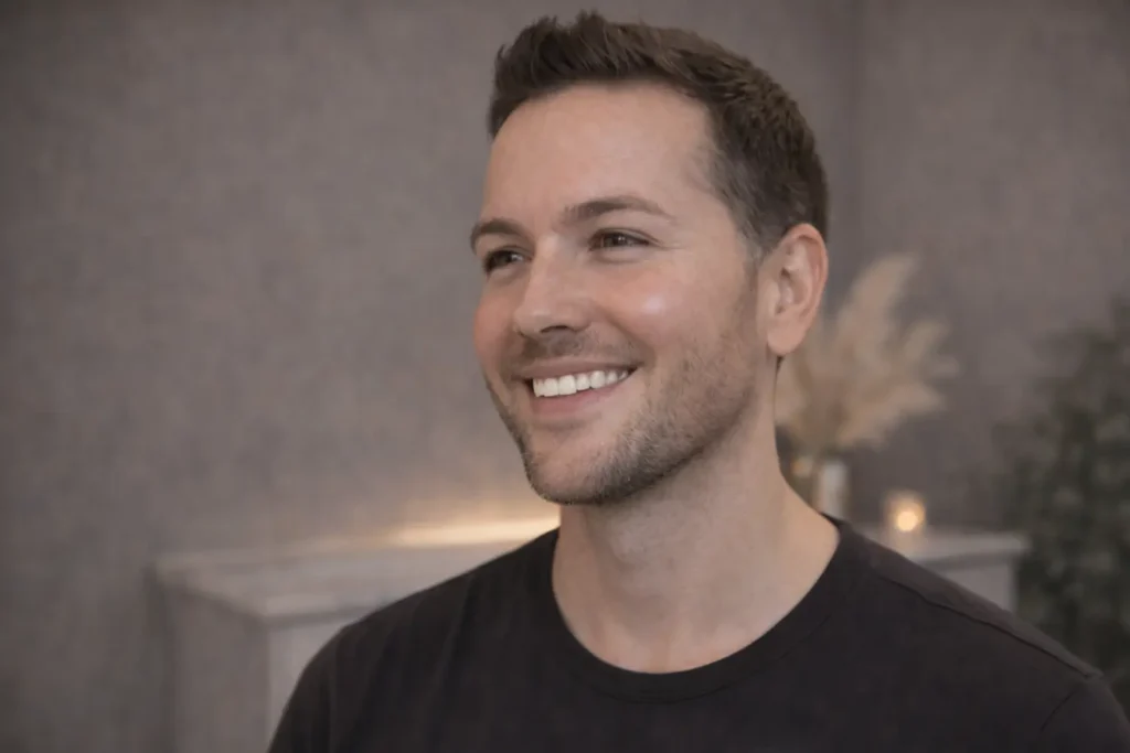 Man smiling indoors against a neutral background with soft lighting.