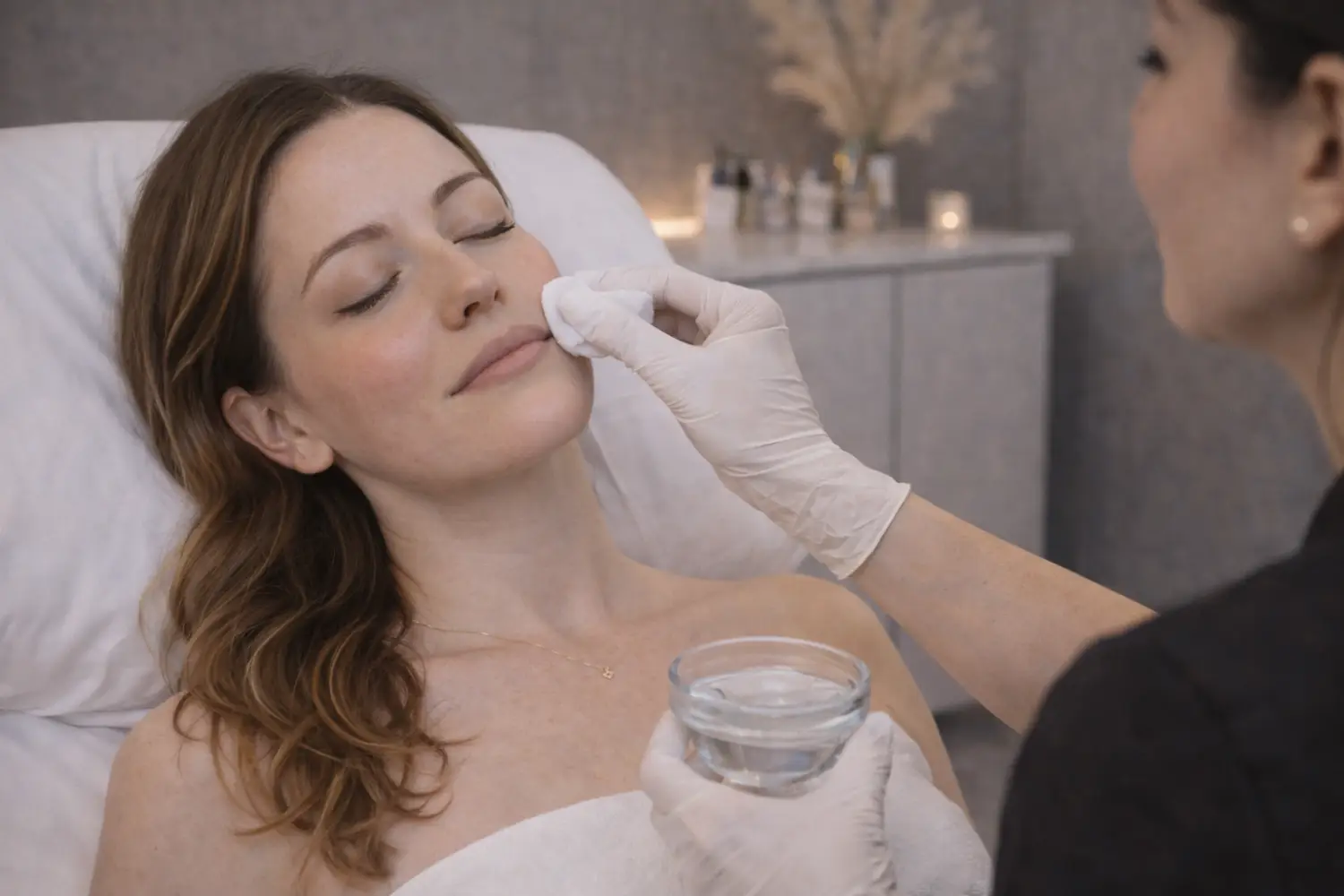 Practitioner wearing gloves applying solution to a woman’s cheek with a cotton pad.