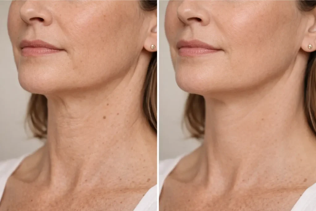 side-by-side close-up of a woman's neck showing more visible lines on left and smoother skin on right