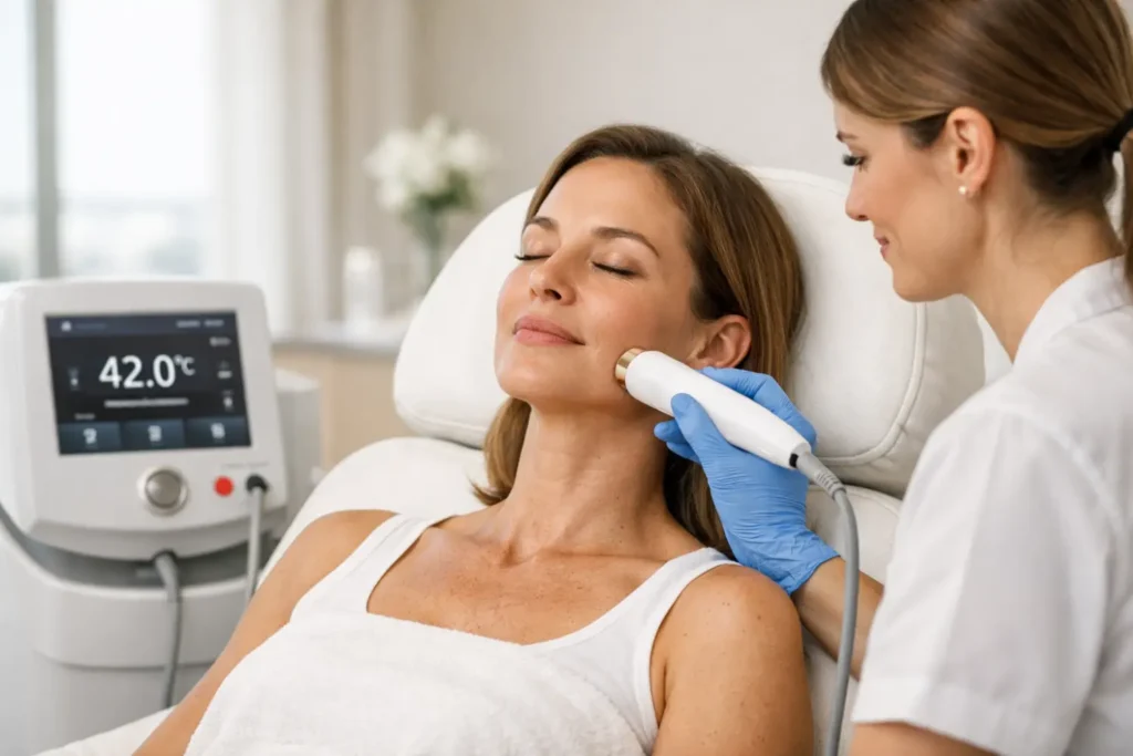practitioner using a handheld device on a woman's cheek while she rests in a treatment chair