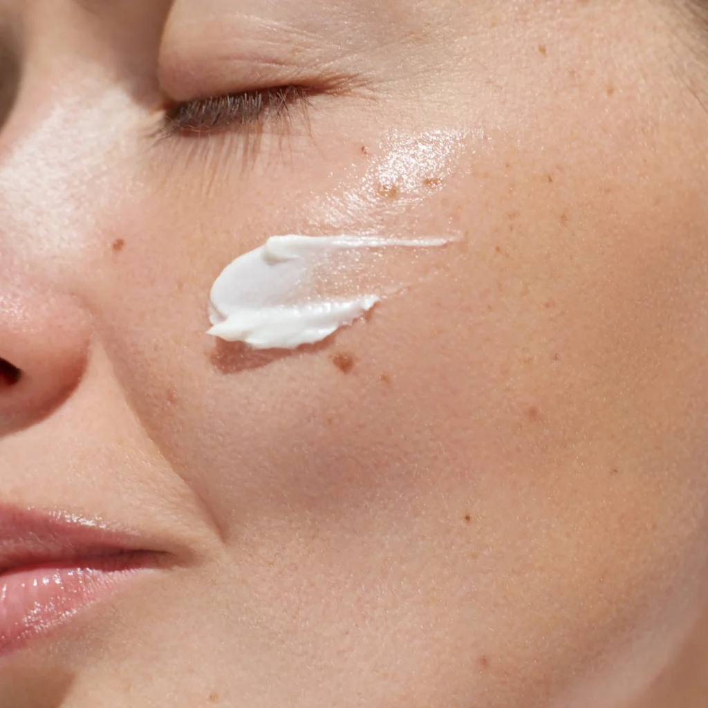Close-up of cream applied beneath the eye on the upper cheek